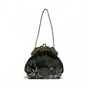 Vintage satin Elegant Black Floral Embellished Evening Bag